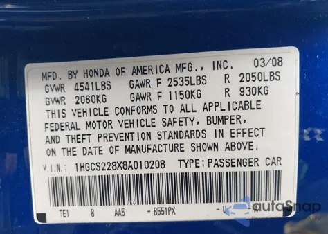 2008 Honda Accord 3.5 Ex-L z USA, uszkodzony, nr VIN 1HGCS228X8A010208